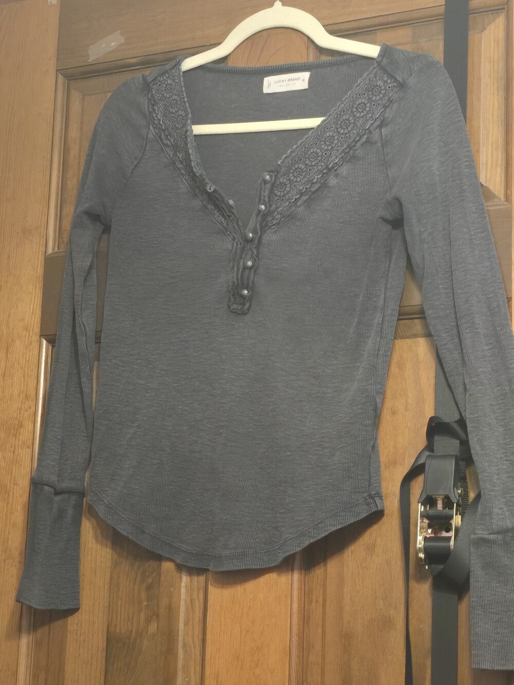 Lucky Brand Women’s Long-Sleeve Lace Henley Top in Charcoal
